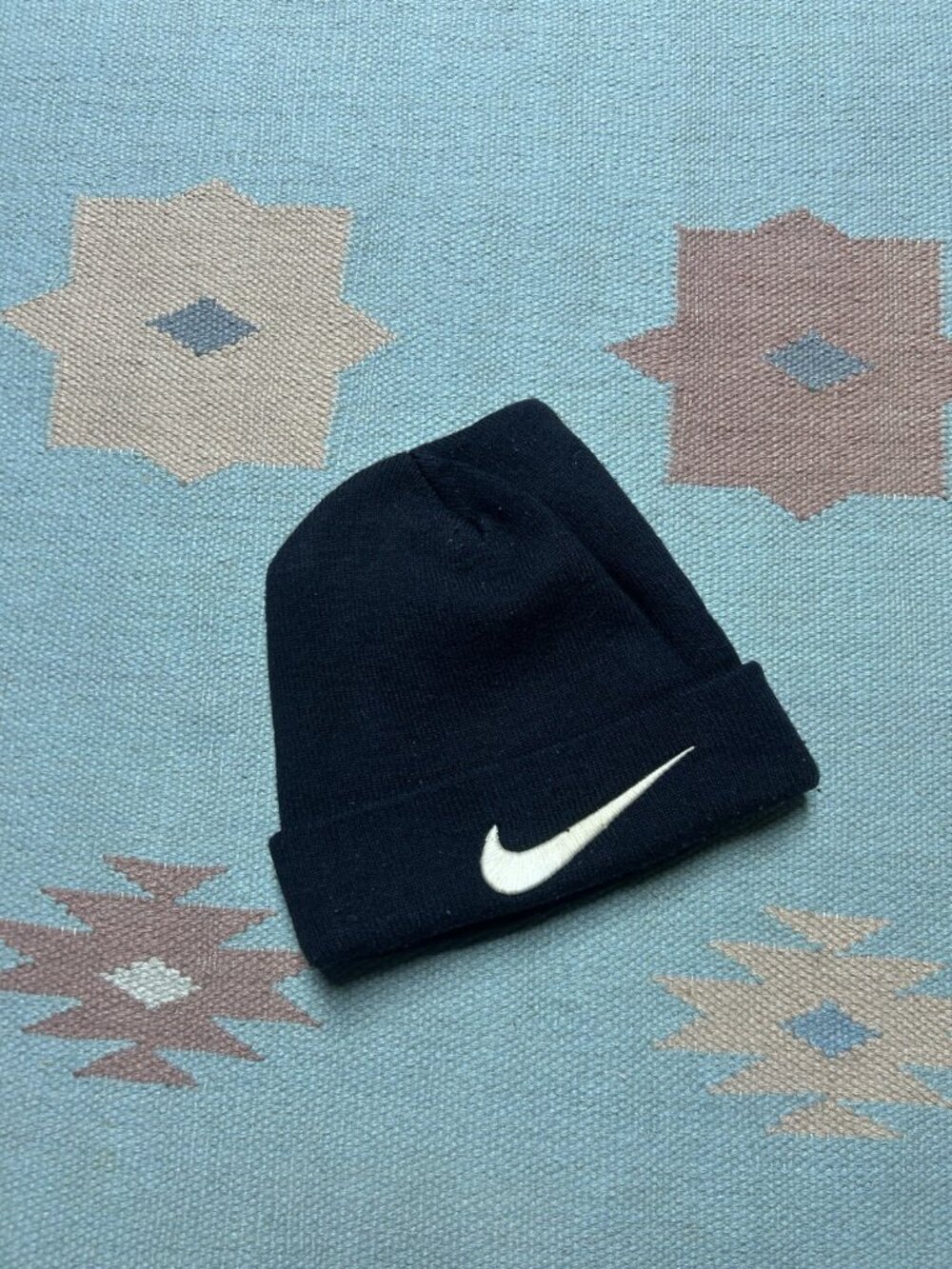 Vintage acrylic knit beanie winter hat Nike swoosh check big logo black OSFA
